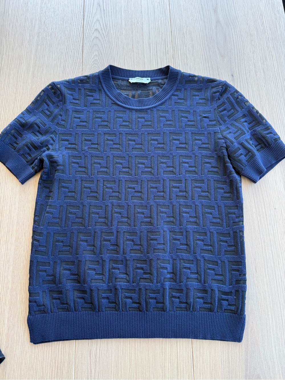 Fendi FF Monogram Sheer Knit Short Sleeve Top with Camisole Navy & Black Size 42